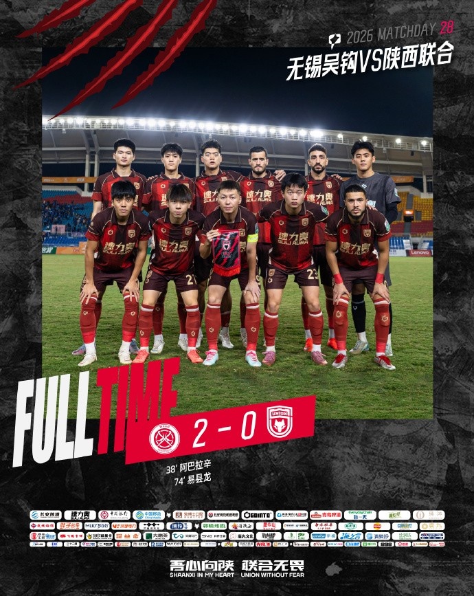 FULL TIME 🔺中甲第28轮 陕西联合客场0:2不敌无锡吴钩